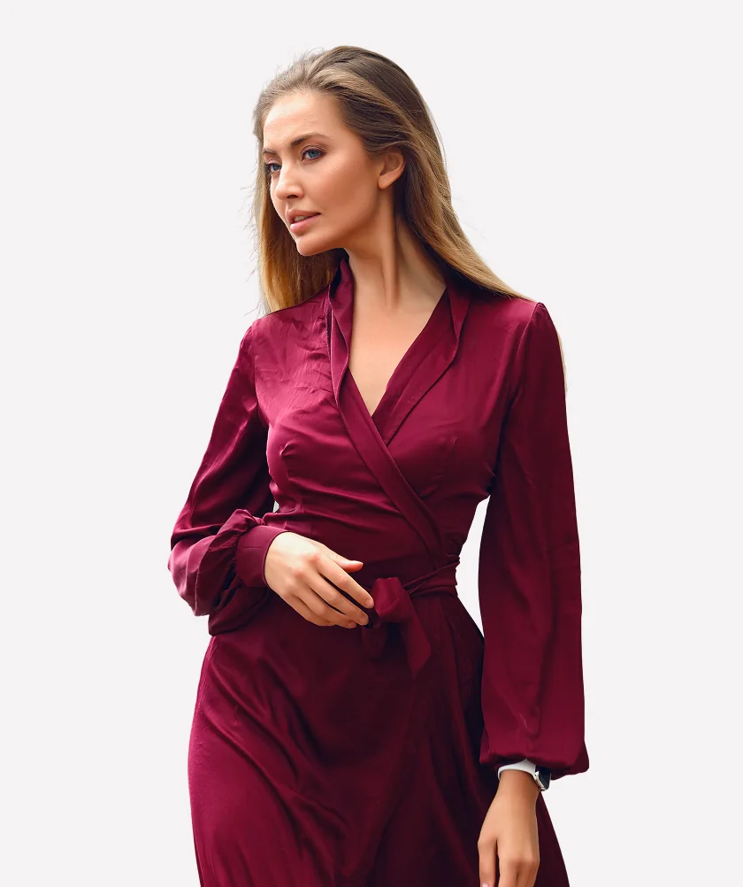 Bordo Saten Kruvaze Midi Elbise